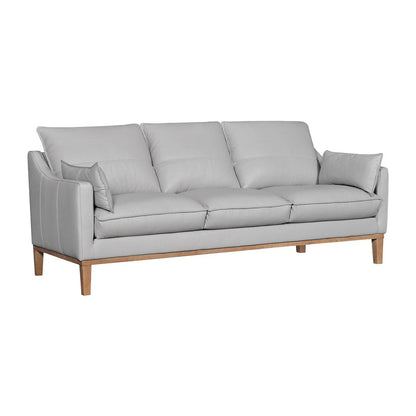 87" Gray Leather Sofa And Toss Pillows With Brown Legs HomeRoots