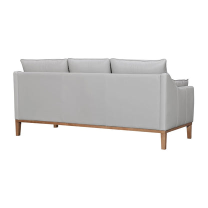 87" Gray Leather Sofa And Toss Pillows With Brown Legs HomeRoots