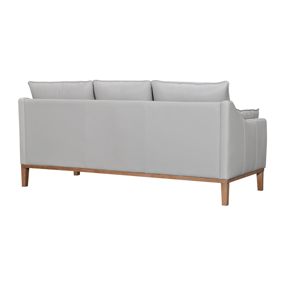 87" Gray Leather Sofa And Toss Pillows With Brown Legs HomeRoots