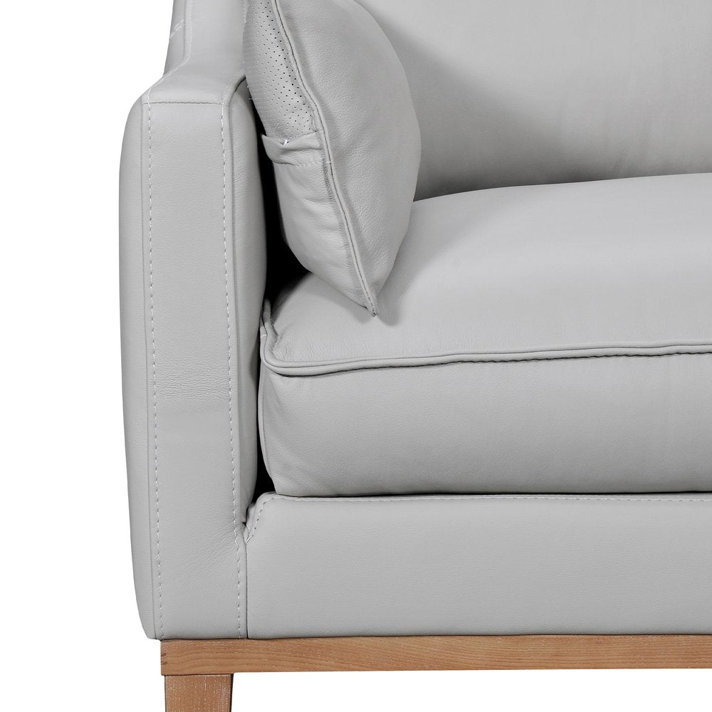 87" Gray Leather Sofa And Toss Pillows With Brown Legs HomeRoots