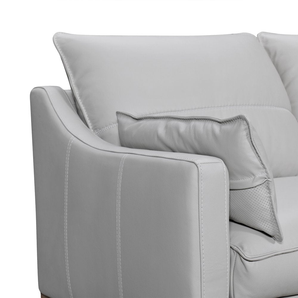 87" Gray Leather Sofa And Toss Pillows With Brown Legs HomeRoots