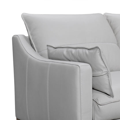 87" Gray Leather Sofa And Toss Pillows With Brown Legs HomeRoots