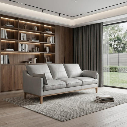 87" Gray Leather Sofa And Toss Pillows With Brown Legs HomeRoots