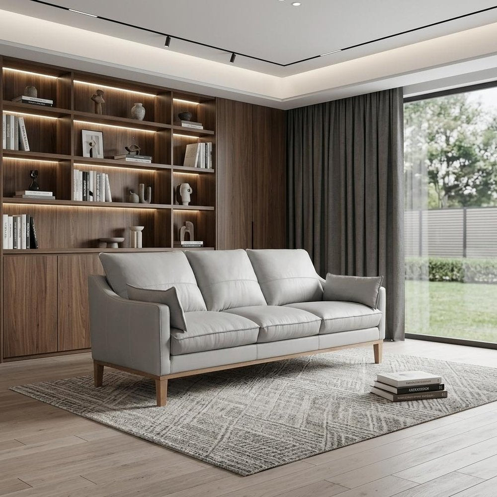 87" Gray Leather Sofa And Toss Pillows With Brown Legs HomeRoots