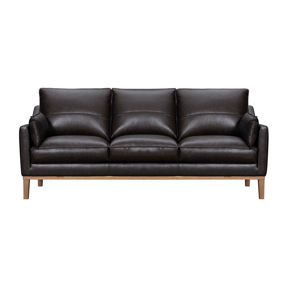 87" Dark Brown Leather Sofa And Toss Pillows With Brown Legs HomeRoots