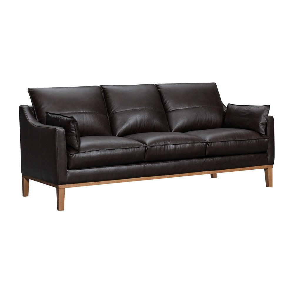 87" Dark Brown Leather Sofa And Toss Pillows With Brown Legs HomeRoots