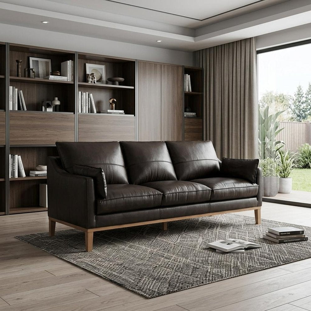 87" Dark Brown Leather Sofa And Toss Pillows With Brown Legs HomeRoots