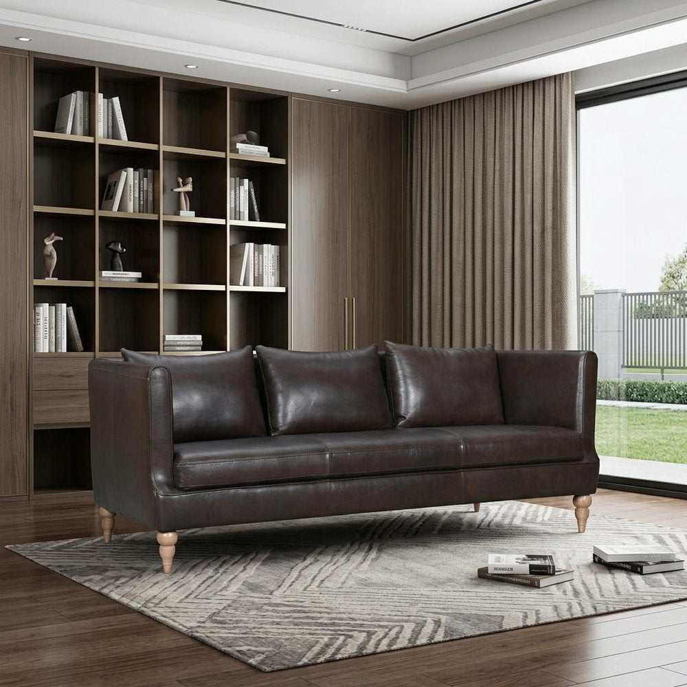 85" Dark Brown Leather Sofa With Brown Legs HomeRoots