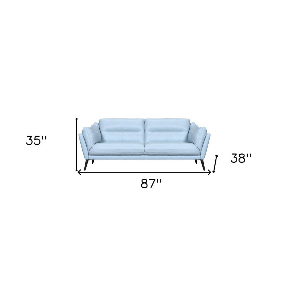 87" Sky Blue Leather Sofa With Black Legs HomeRoots