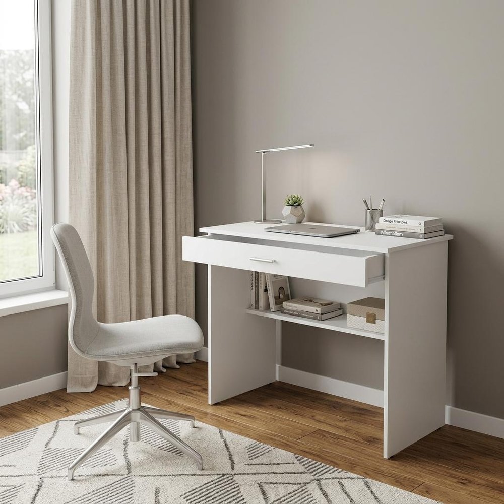 32" White Wood Computer Desk With Drawer — view 7