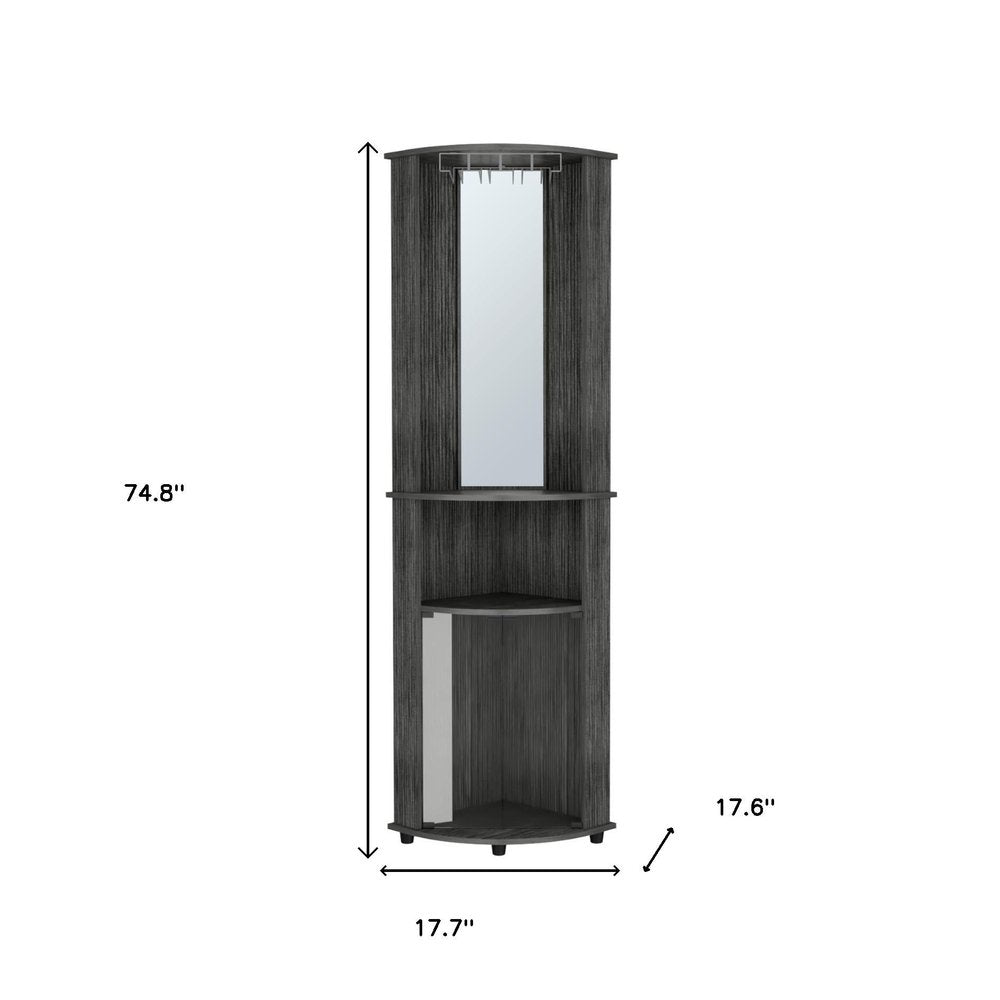 75" Charcoal Wood Ribbed Texture Corner Bar Cabinet With Two Doors HomeRoots