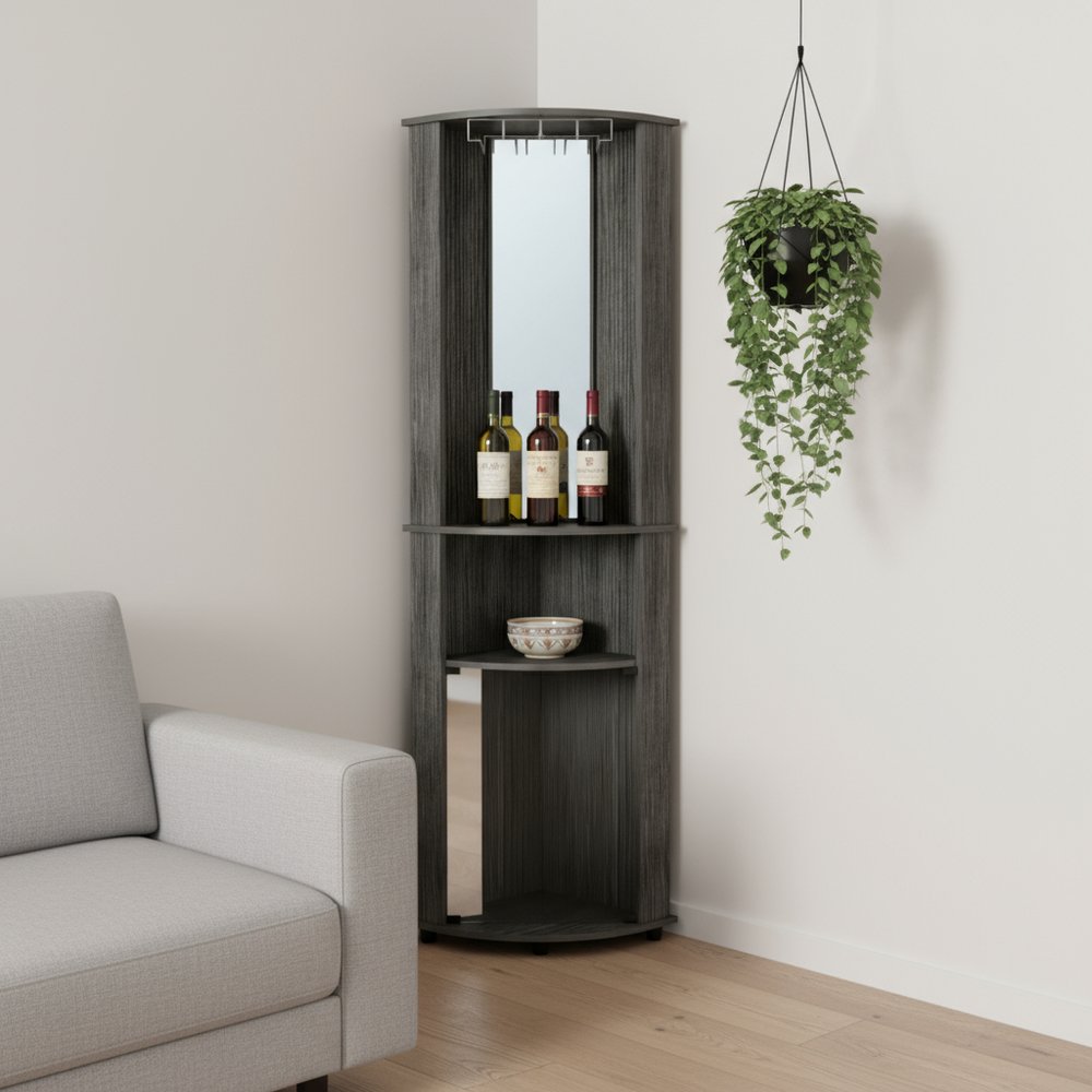 75" Charcoal Wood Ribbed Texture Corner Bar Cabinet With Two Doors HomeRoots