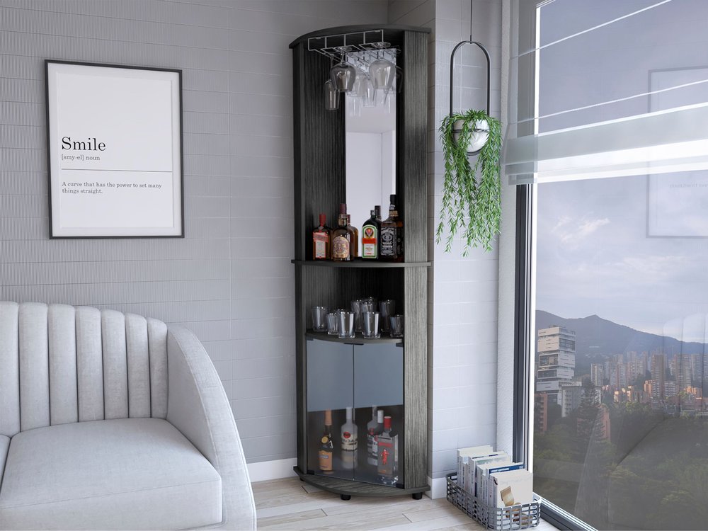 75" Charcoal Wood Ribbed Texture Corner Bar Cabinet With Two Doors HomeRoots