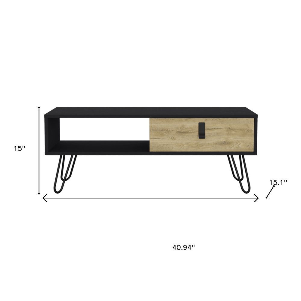 41" Black and Oak Wood and Metal Coffee Table With Drawer And Shelf HomeRoots