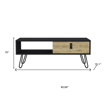 41" Black and Oak Wood and Metal Coffee Table With Drawer And Shelf