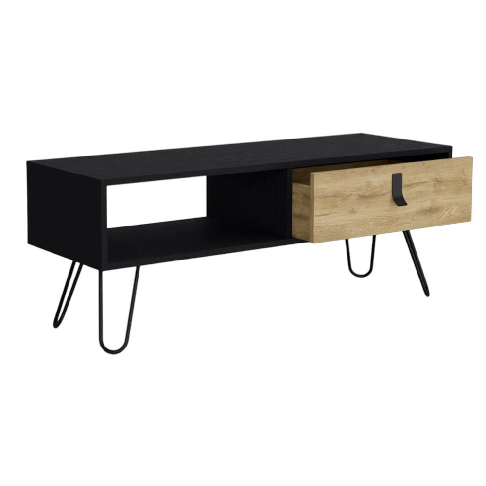 41" Black and Oak Wood and Metal Coffee Table With Drawer And Shelf HomeRoots