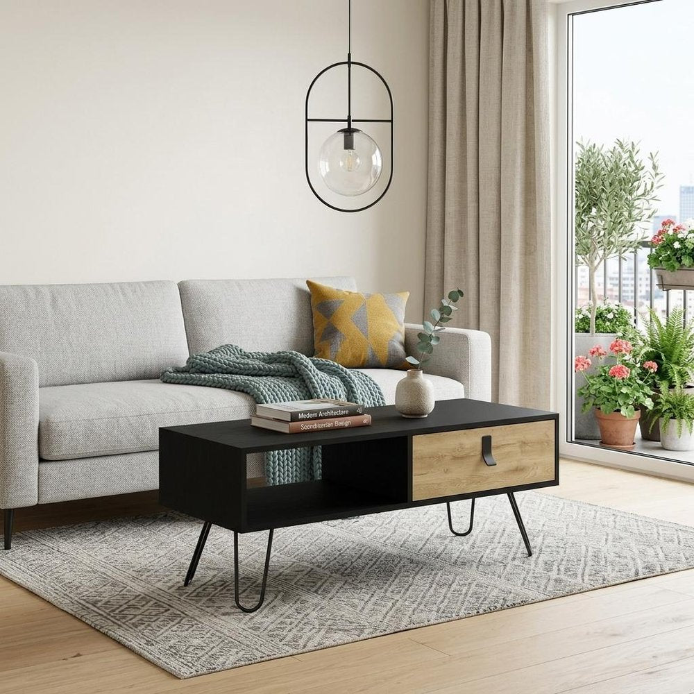 41" Black and Oak Wood and Metal Coffee Table With Drawer And Shelf HomeRoots
