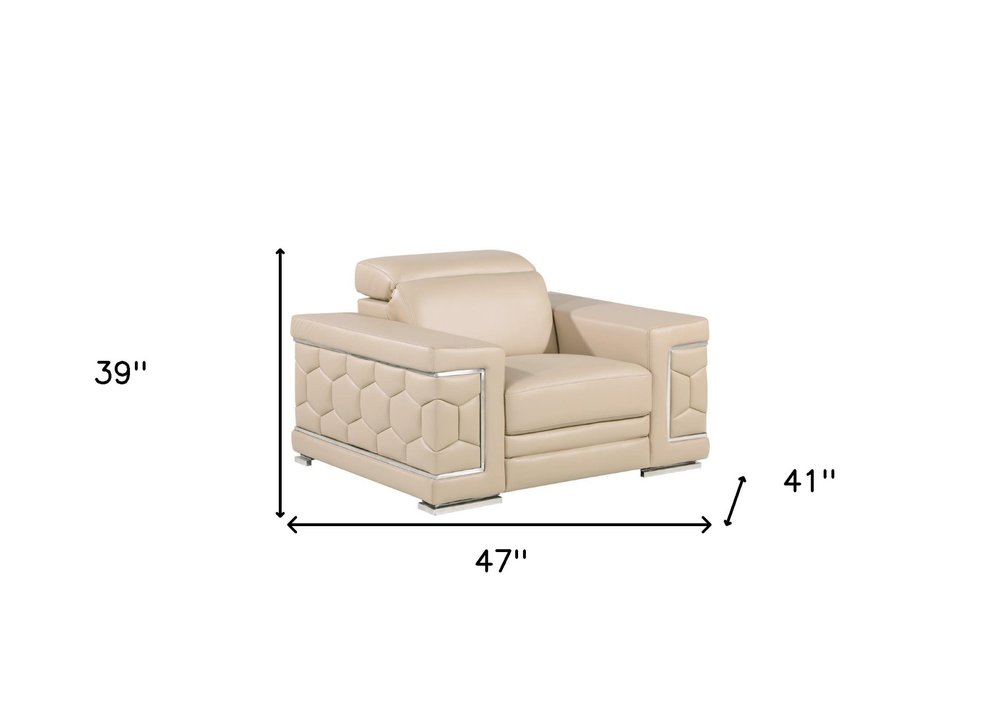 47" Beige and Silver Genuine Leather Club Chair HomeRoots