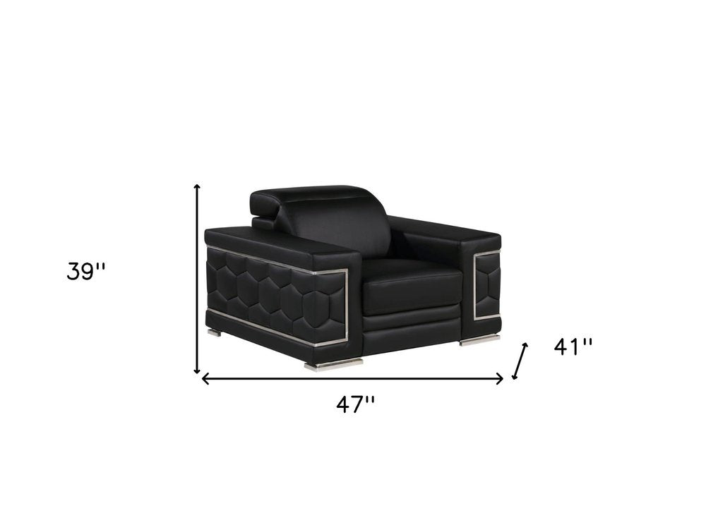 47" Black And Silver Genuine Leather Club Chair HomeRoots