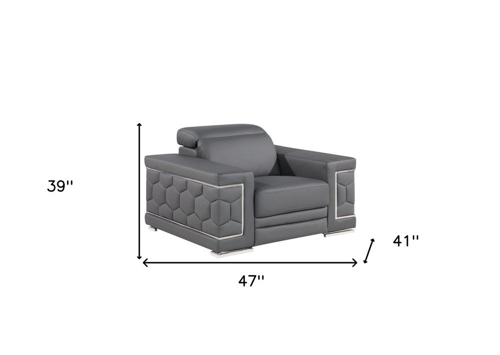 47" Granite Gray And Silver Genuine Leather Club Chair HomeRoots