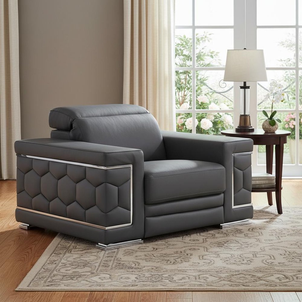 47" Granite Gray And Silver Genuine Leather Club Chair HomeRoots