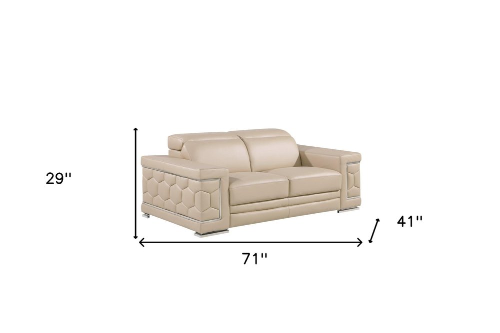 71" Beige And Silver Genuine Leather Loveseat HomeRoots