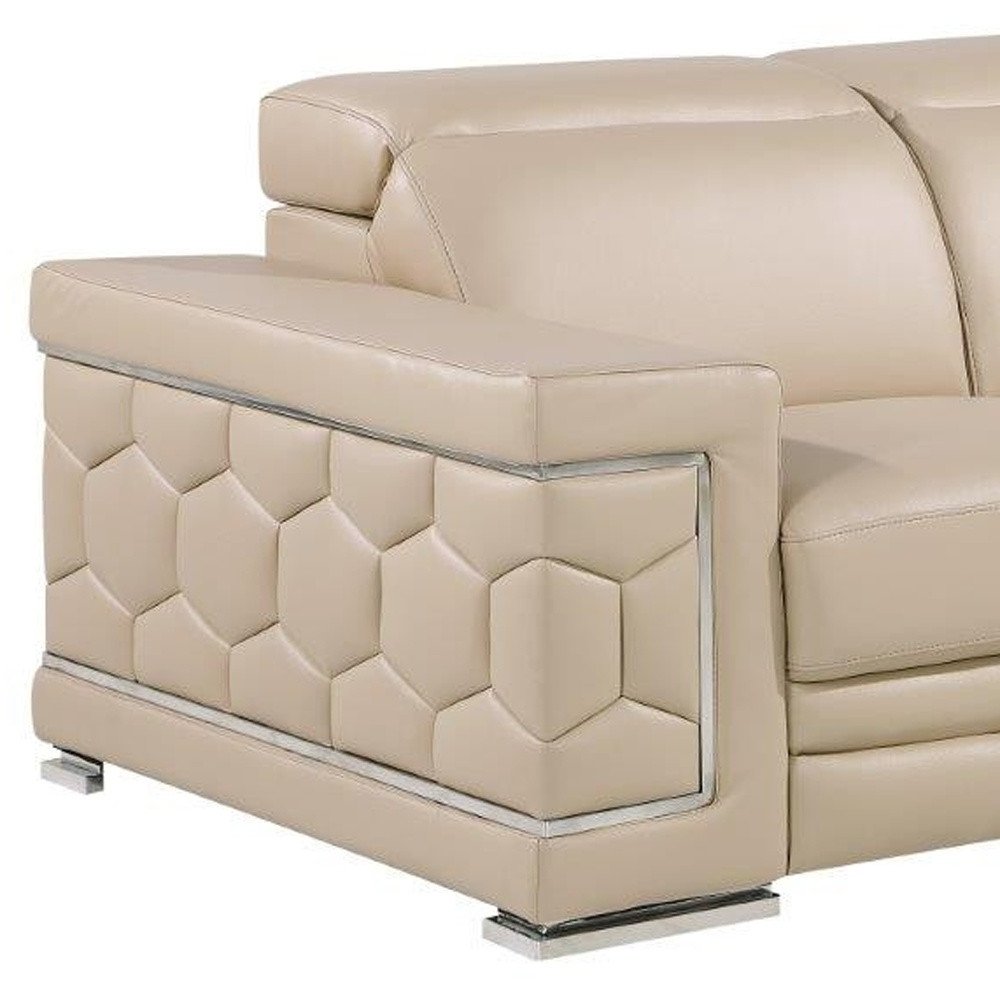 71" Beige And Silver Genuine Leather Loveseat HomeRoots