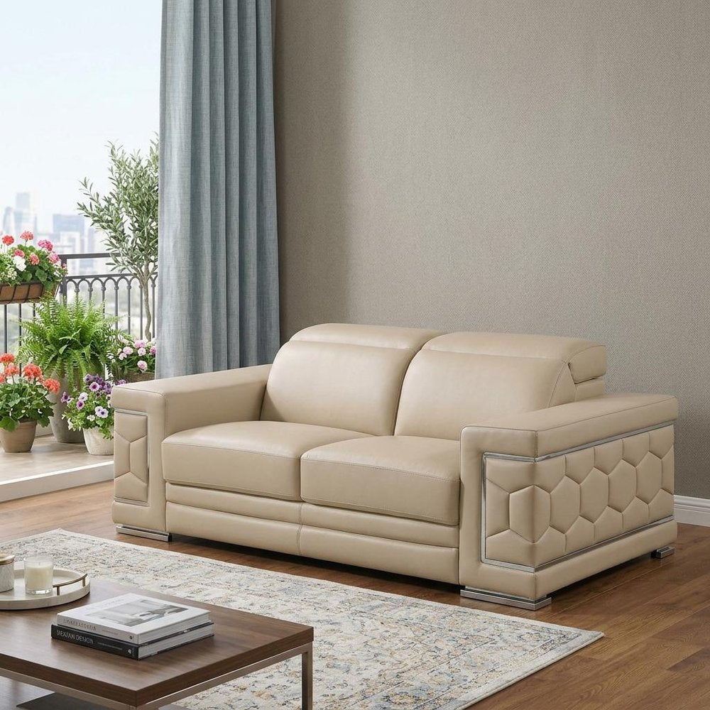 71" Beige And Silver Genuine Leather Loveseat HomeRoots
