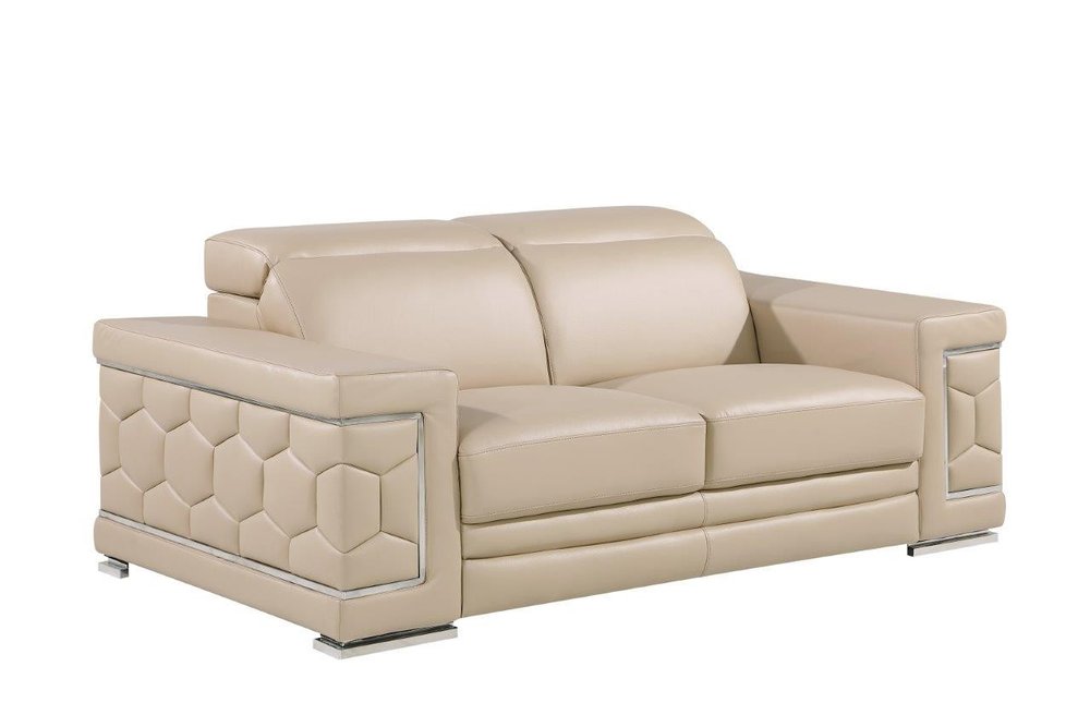 71" Beige And Silver Genuine Leather Loveseat HomeRoots