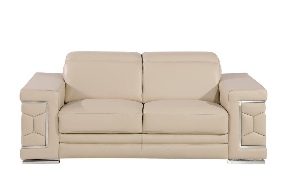 71" Beige And Silver Genuine Leather Loveseat HomeRoots