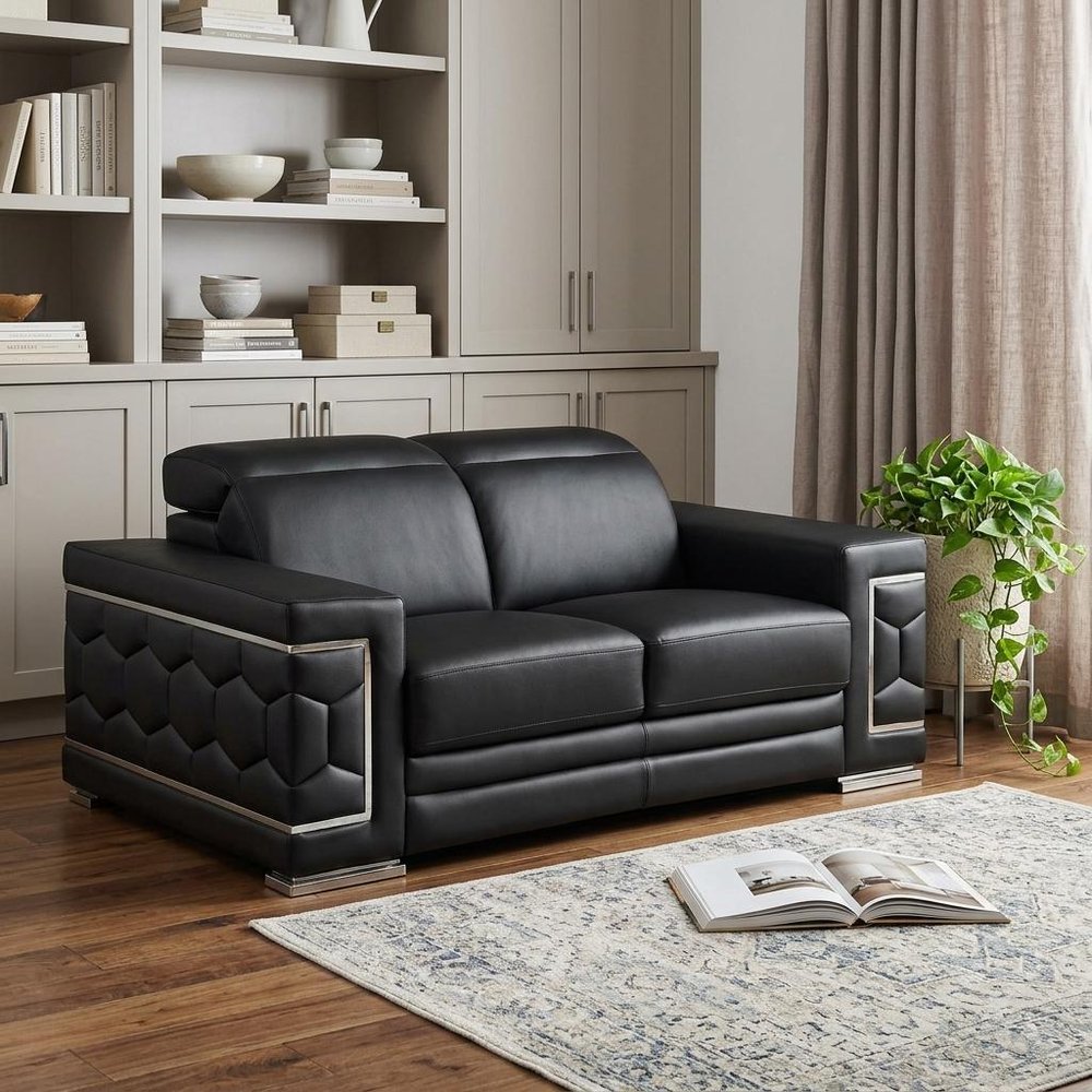 71" Black And Silver Genuine Leather Loveseat HomeRoots