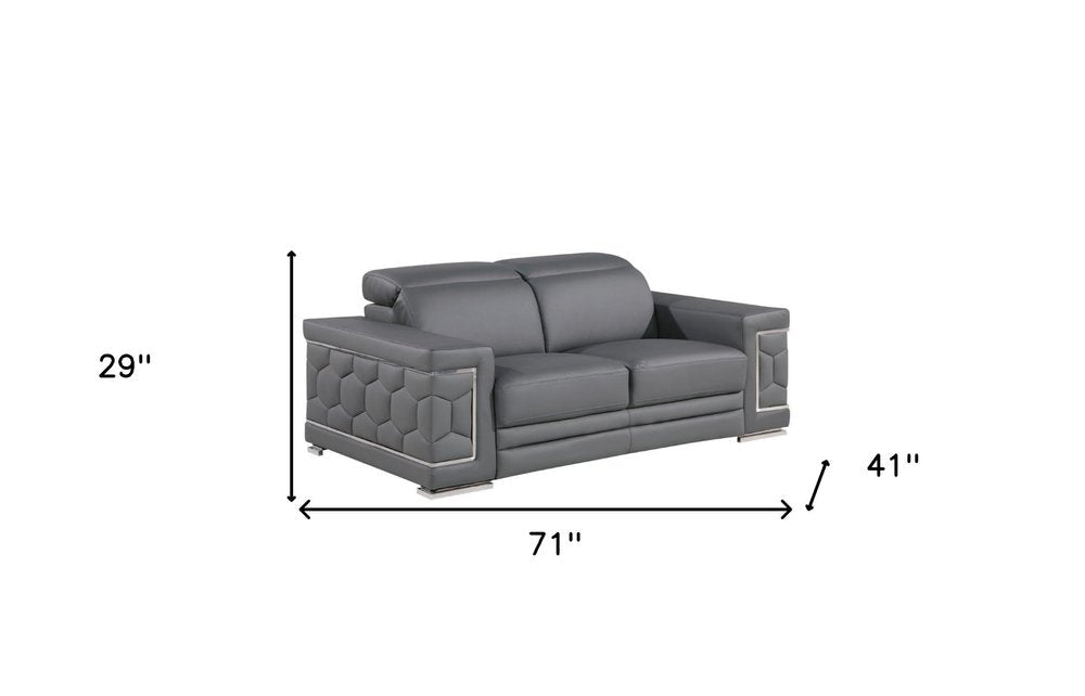 71" Gray And Silver Genuine Leather Loveseat HomeRoots