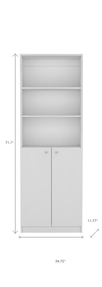 71" White Wood Three Tier Bookcase with Two Doors HomeRoots
