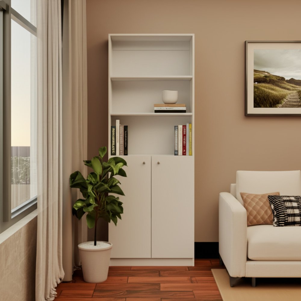 71" White Wood Three Tier Bookcase with Two Doors HomeRoots