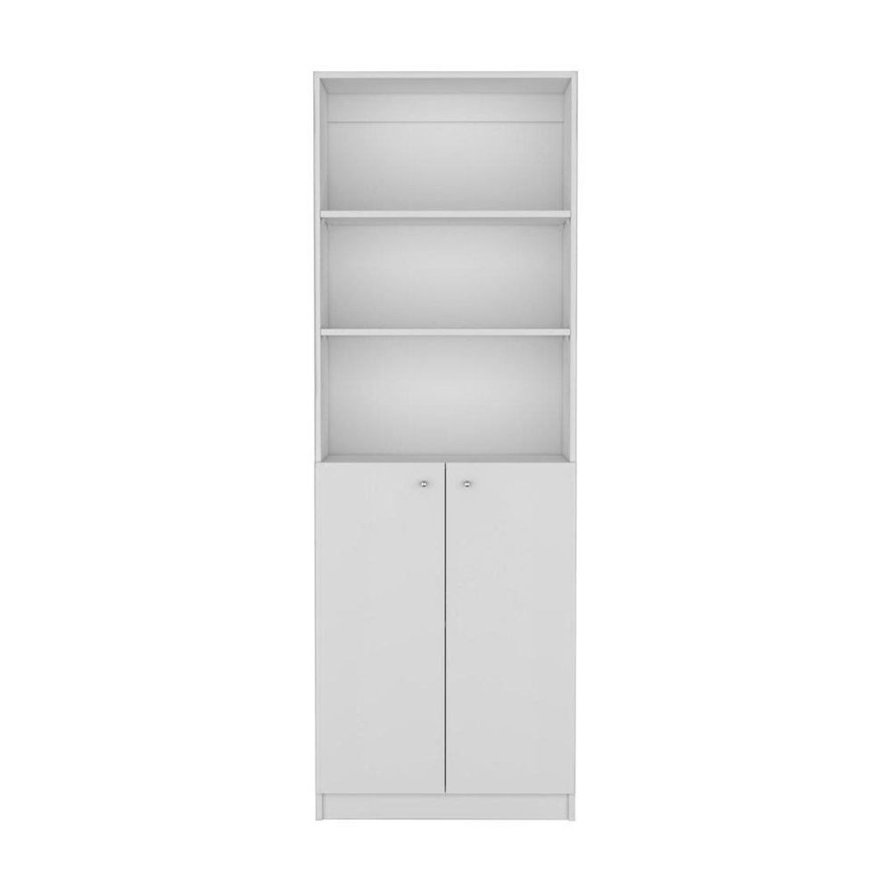 71" White Wood Three Tier Bookcase with Two Doors — view 8