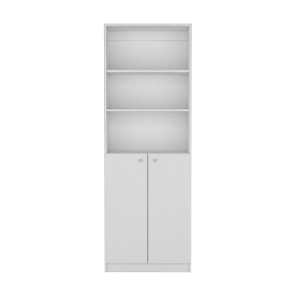 71" White Wood Three Tier Bookcase with Two Doors