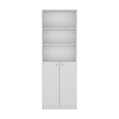 71" White Wood Three Tier Bookcase with Two Doors HomeRoots