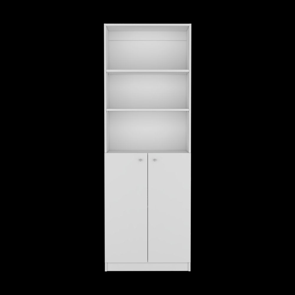 71" White Wood Three Tier Bookcase with Two Doors HomeRoots