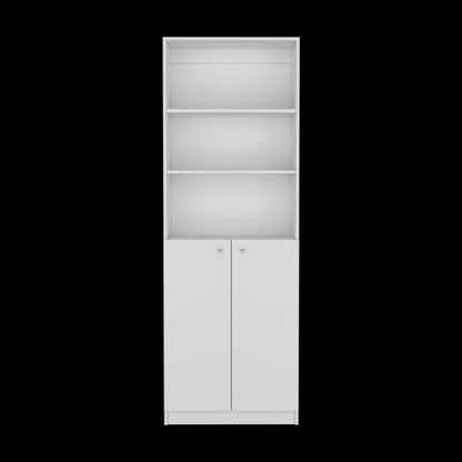 71" White Wood Three Tier Bookcase with Two Doors HomeRoots