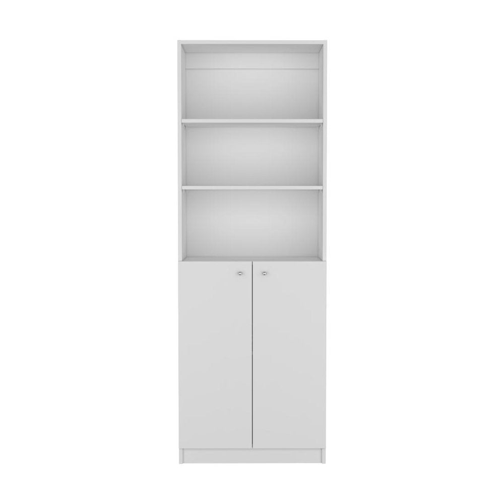 71" White Wood Three Tier Bookcase with Two Doors HomeRoots