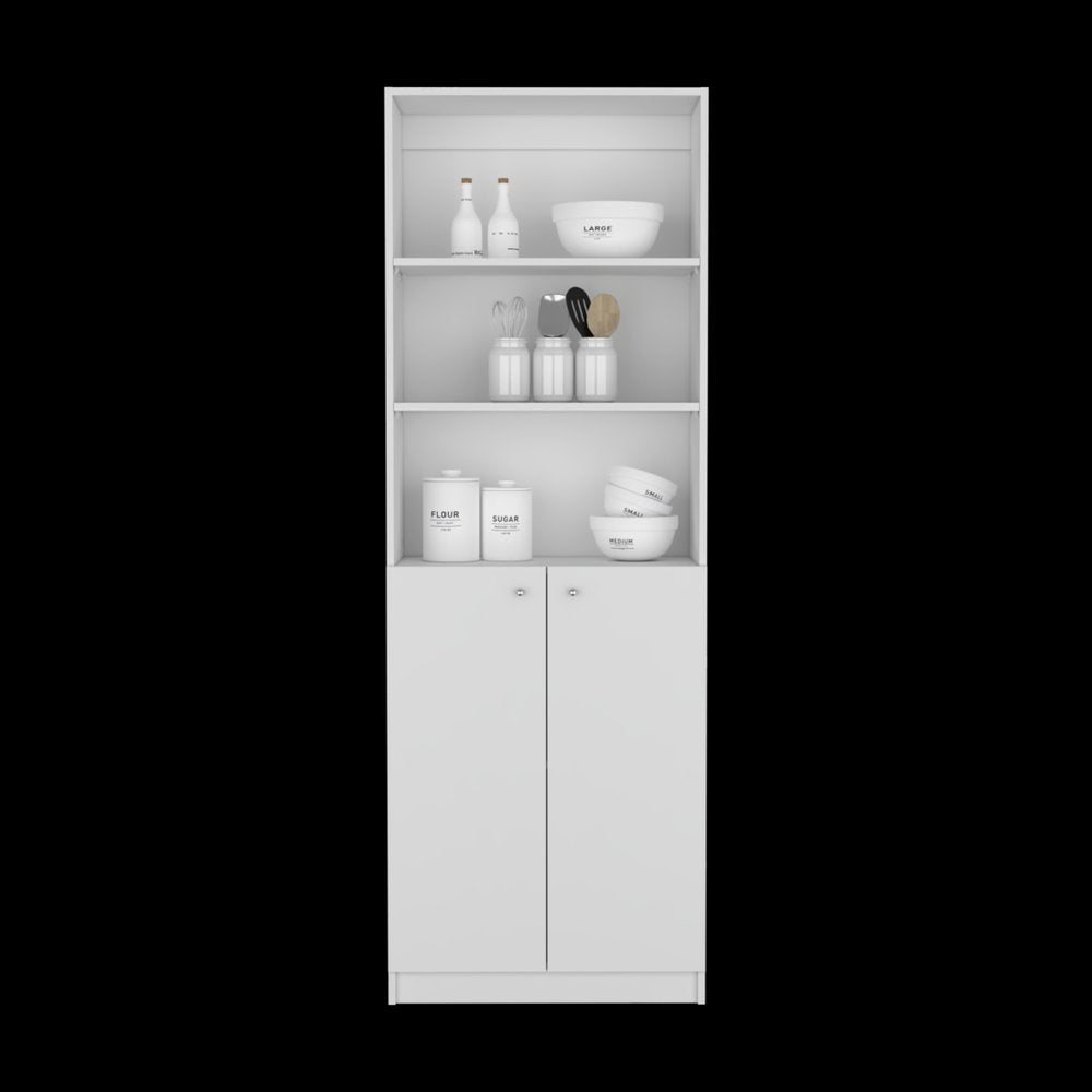 71" White Wood Three Tier Bookcase with Two Doors HomeRoots