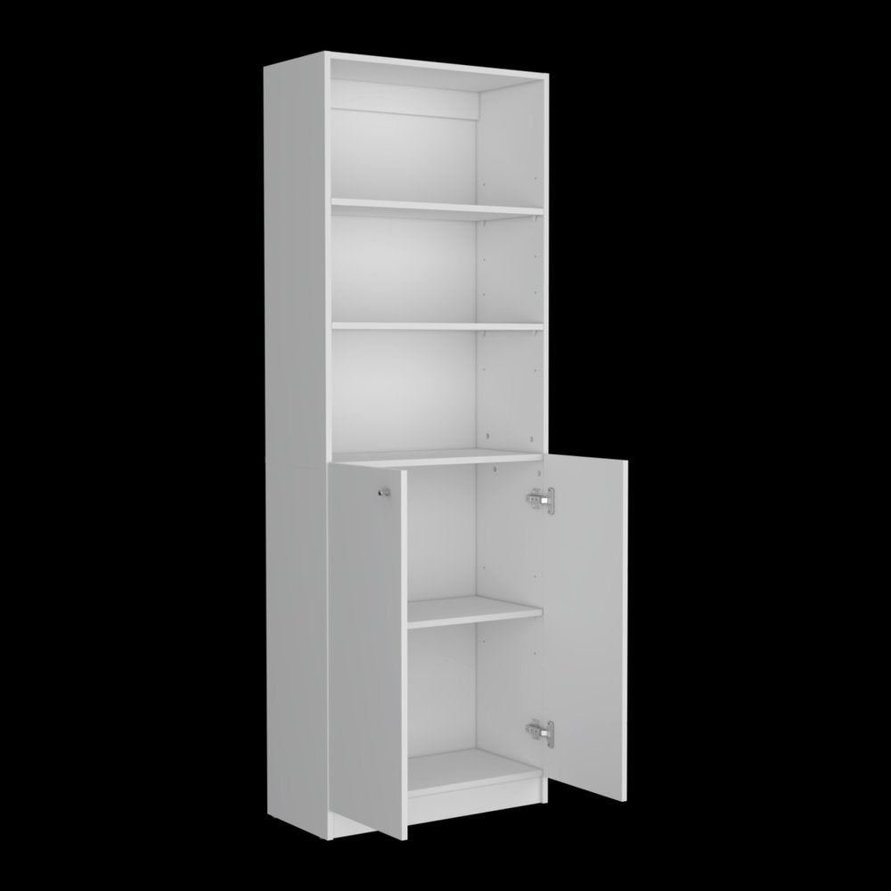 71" White Wood Three Tier Bookcase with Two Doors HomeRoots