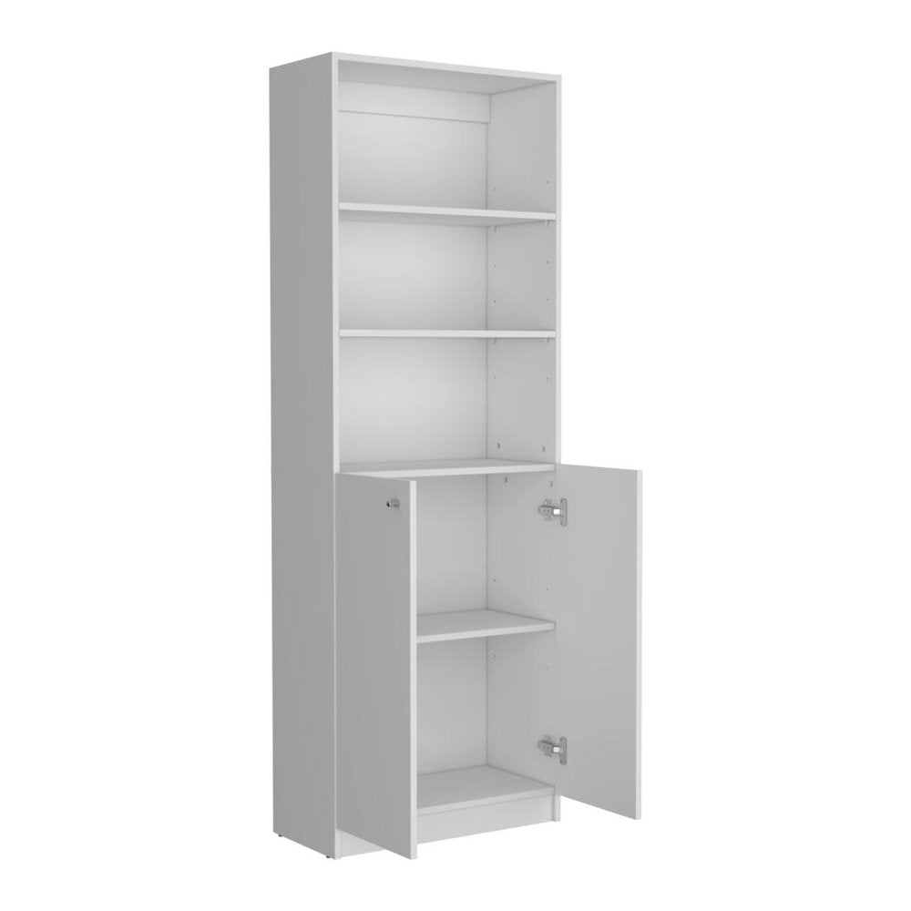 71" White Wood Three Tier Bookcase with Two Doors HomeRoots