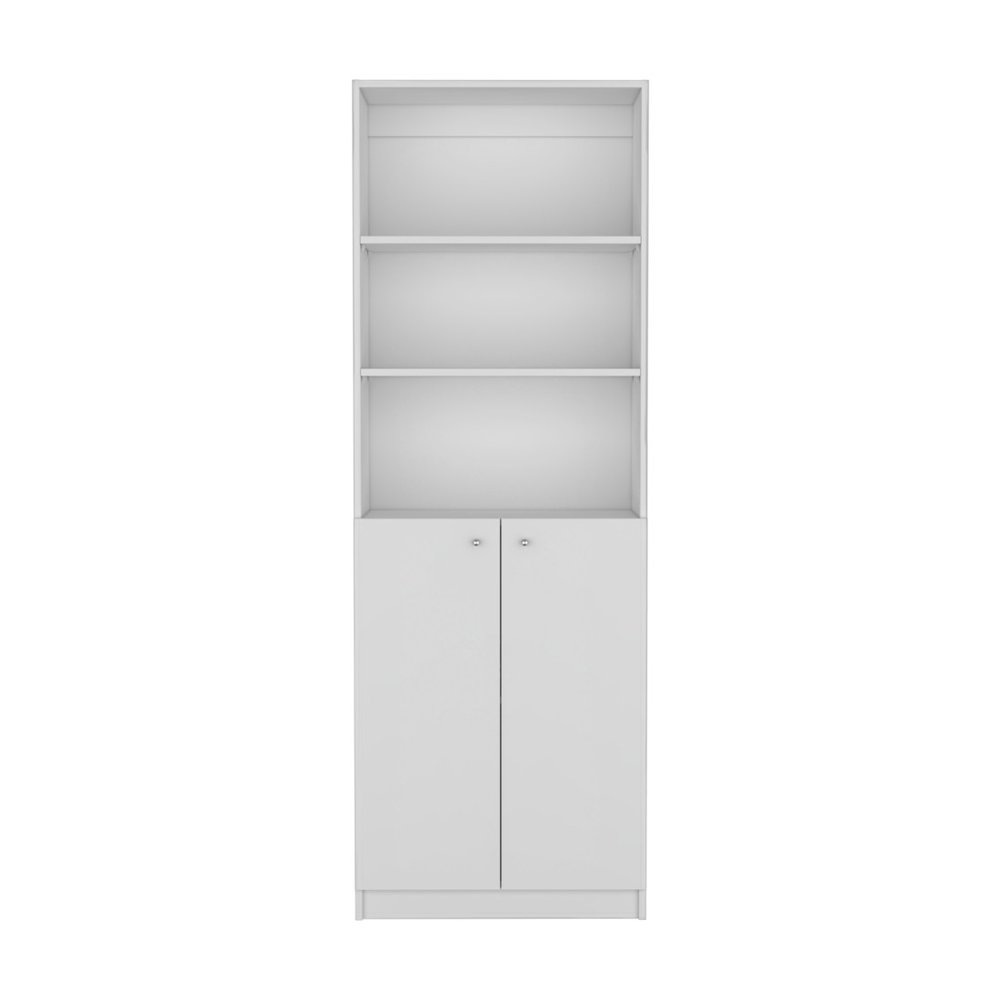 71" White Wood Three Tier Bookcase with Two Doors — view 3