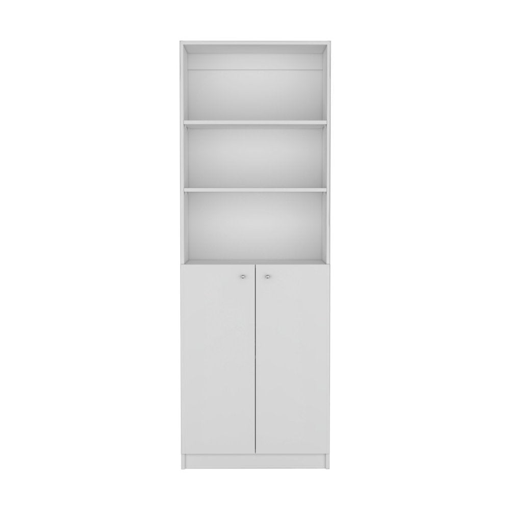 71" White Wood Three Tier Bookcase with Two Doors HomeRoots