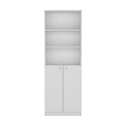 71" White Wood Three Tier Bookcase with Two Doors HomeRoots