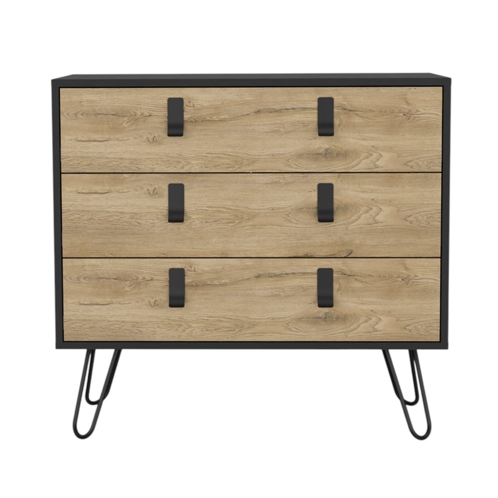 32" Natural And Black Wood Three Drawer Dresser — view 4