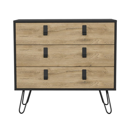 32" Natural And Black Wood Three Drawer Dresser