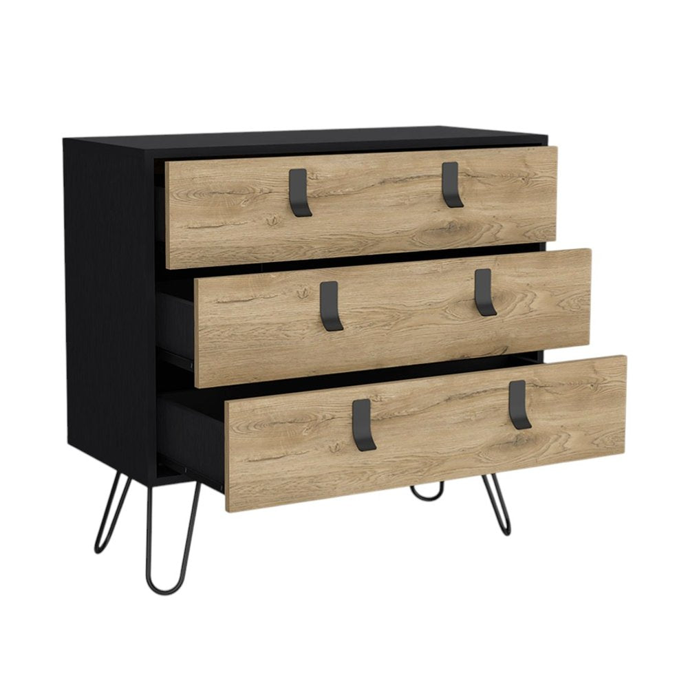 32" Natural and Black Three Drawer Dresser HomeRoots