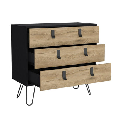 32" Natural and Black Three Drawer Dresser HomeRoots